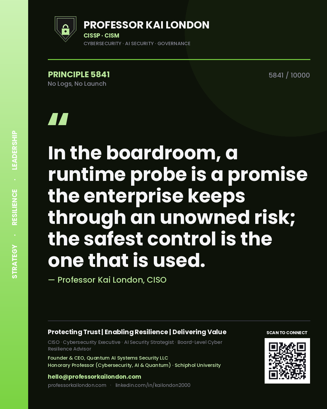 Quote card by Professor Kai London reading 'In the boardroom, a runtime probe is a promise the enterprise keeps through an unowned risk; the safest control is the one that is used.'. From the book No Logs, No Launch.