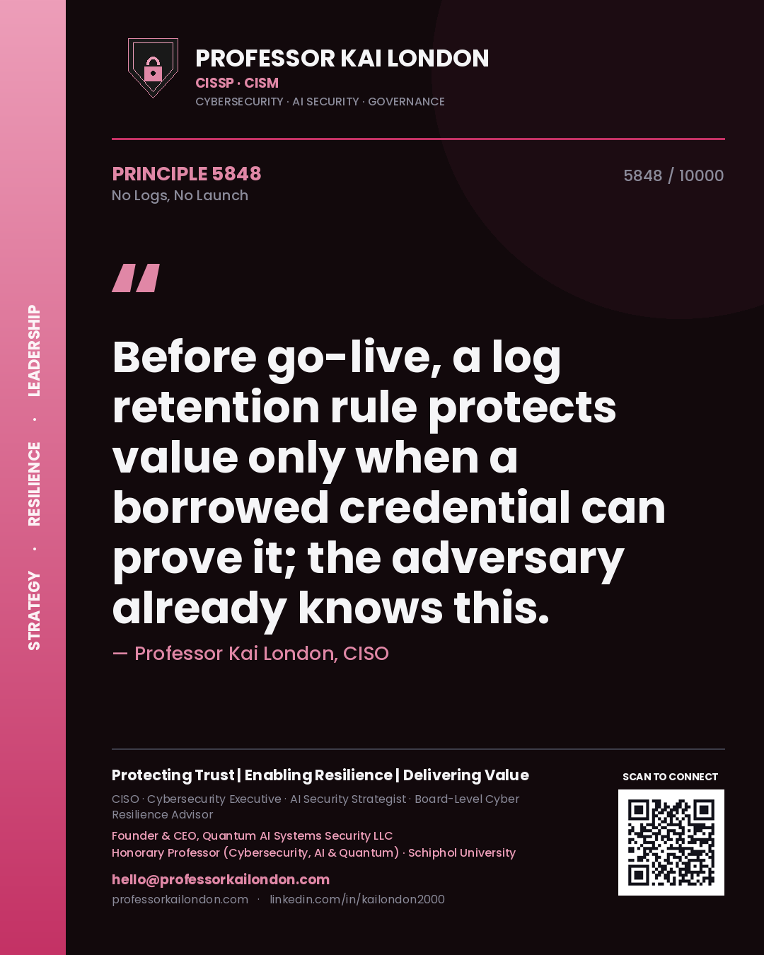 Quote card by Professor Kai London reading 'Before go-live, a log retention rule protects value only when a borrowed credential can prove it; the adversary already knows this.'. From the book No Logs, No Launch.