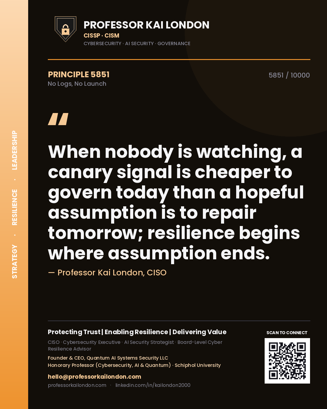 Quote card by Professor Kai London reading 'When nobody is watching, a canary signal is cheaper to govern today than a hopeful assumption is to repair tomorrow; resilience begins where assumption ends.'. From the book No Logs, No Launch.