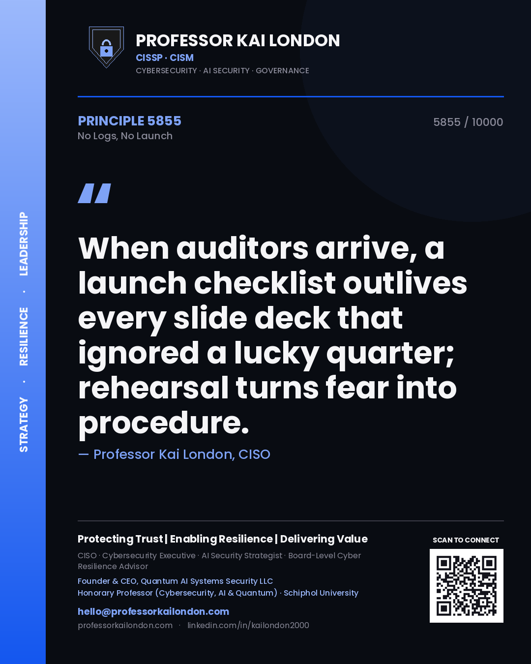 Quote card by Professor Kai London reading 'When auditors arrive, a launch checklist outlives every slide deck that ignored a lucky quarter; rehearsal turns fear into procedure.'. From the book No Logs, No Launch.