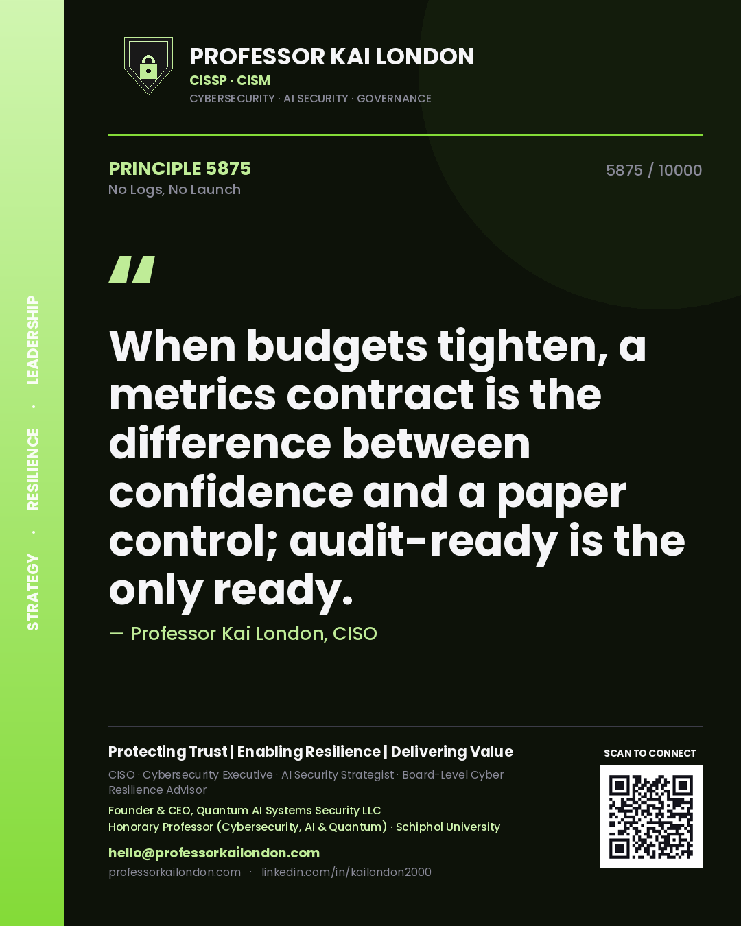 Quote card by Professor Kai London reading 'When budgets tighten, a metrics contract is the difference between confidence and a paper control; audit-ready is the only ready.'. From the book No Logs, No Launch.
