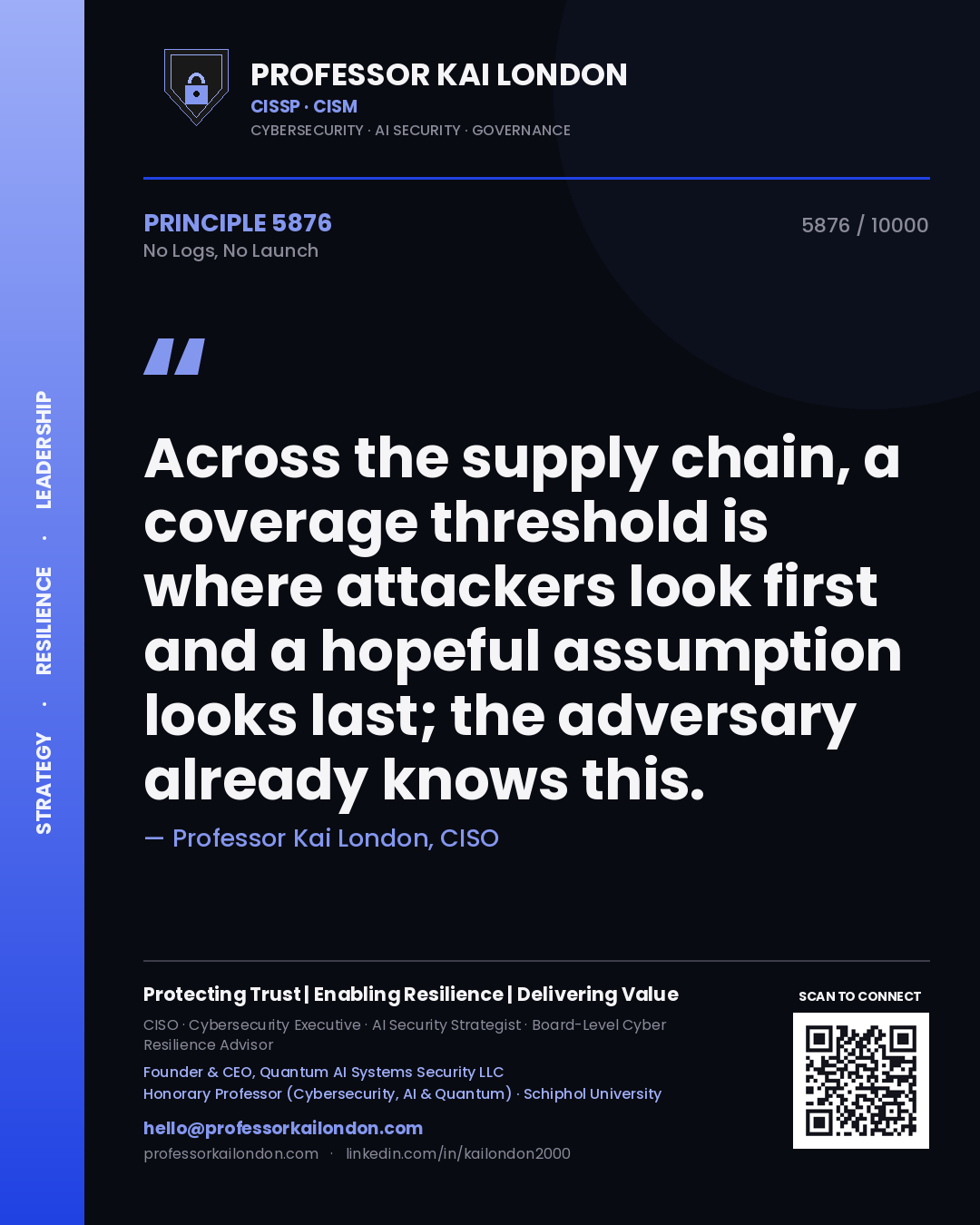 Quote card by Professor Kai London reading 'Across the supply chain, a coverage threshold is where attackers look first and a hopeful assumption looks last; the adversary already knows this.'. From the book No Logs, No Launch.