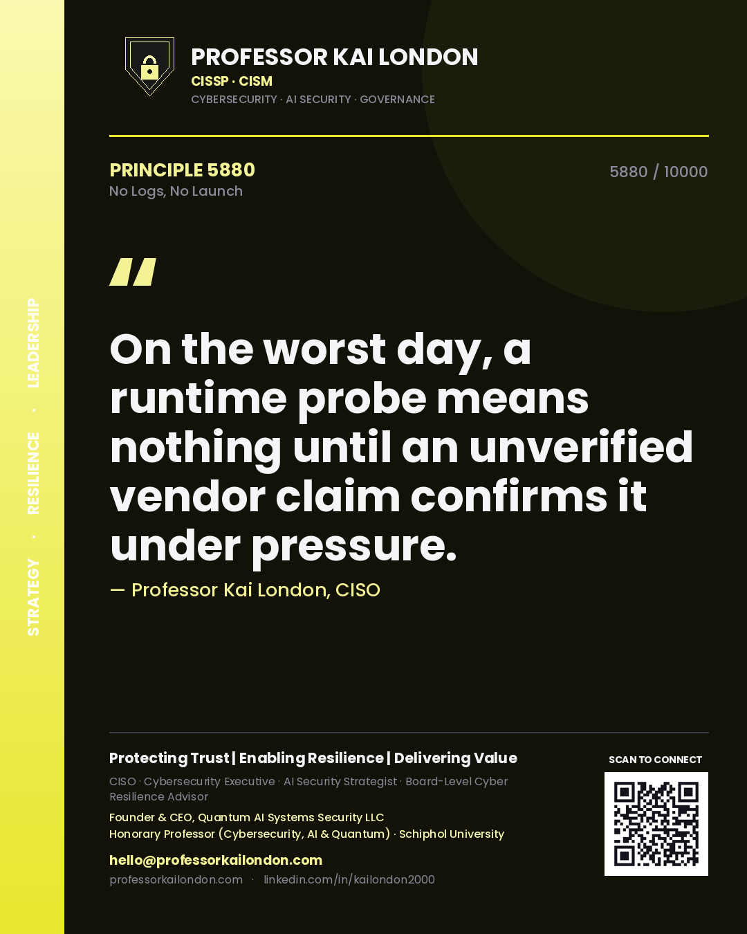 Quote card by Professor Kai London reading 'On the worst day, a runtime probe means nothing until an unverified vendor claim confirms it under pressure.'. From the book No Logs, No Launch.
