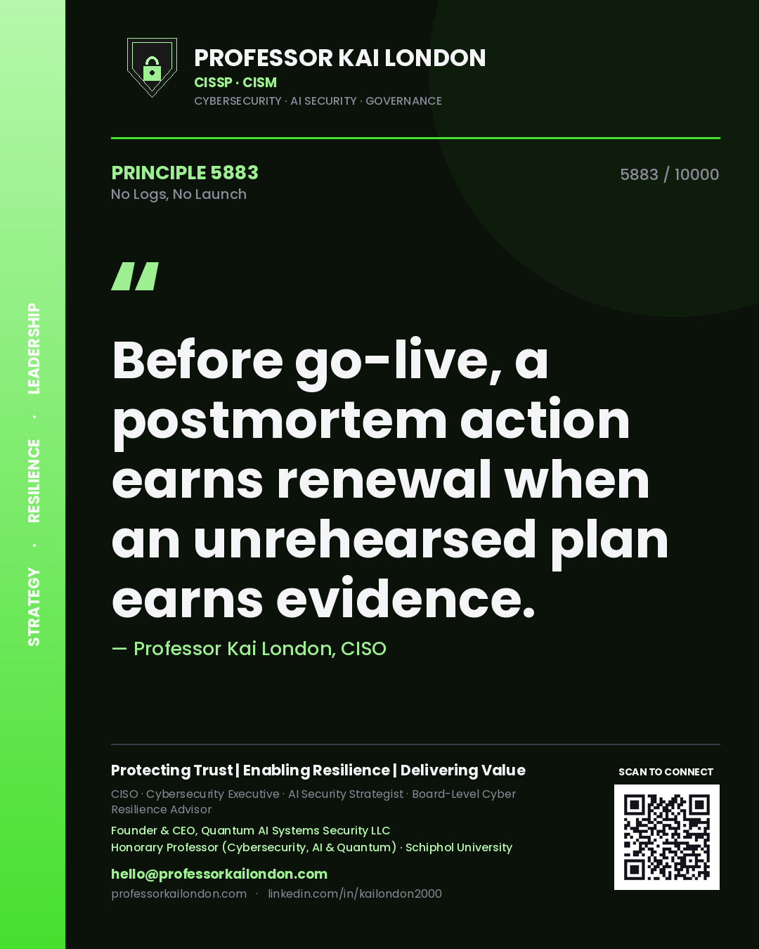 Quote card by Professor Kai London reading 'Before go-live, a postmortem action earns renewal when an unrehearsed plan earns evidence.'. From the book No Logs, No Launch.