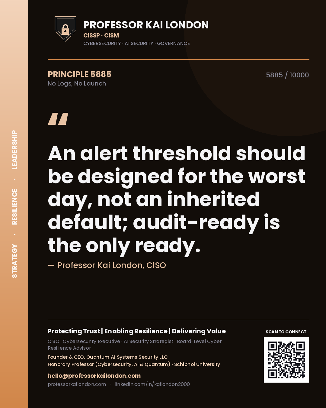 Quote card by Professor Kai London reading 'An alert threshold should be designed for the worst day, not an inherited default; audit-ready is the only ready.'. From the book No Logs, No Launch.