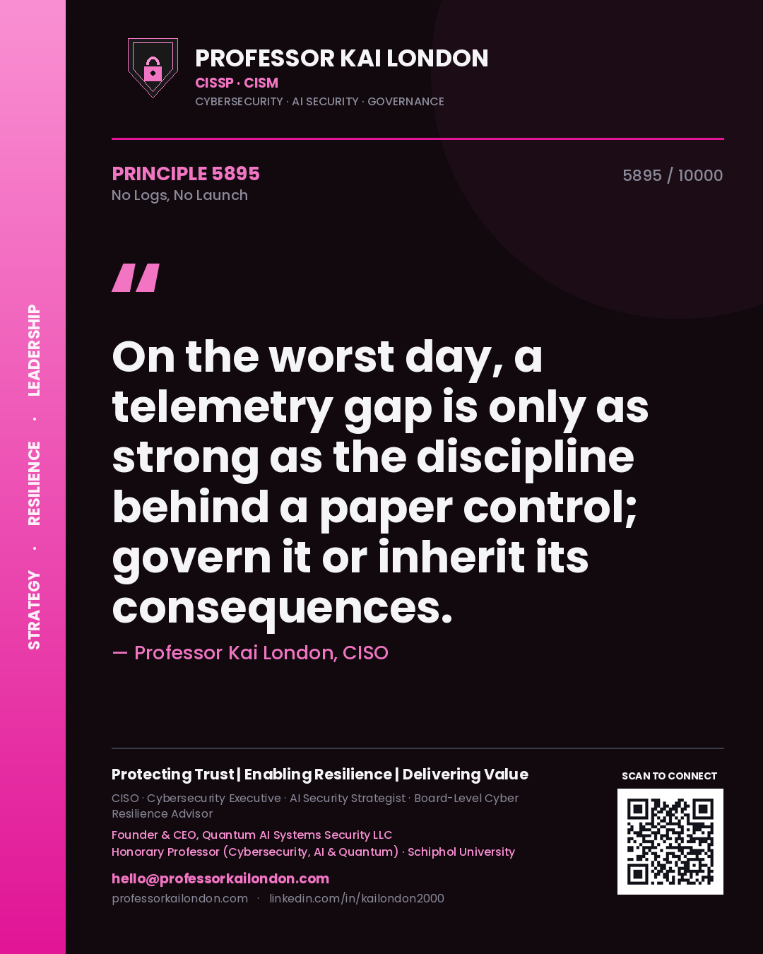 Quote card by Professor Kai London reading 'On the worst day, a telemetry gap is only as strong as the discipline behind a paper control; govern it or inherit its consequences.'. From the book No Logs, No Launch.