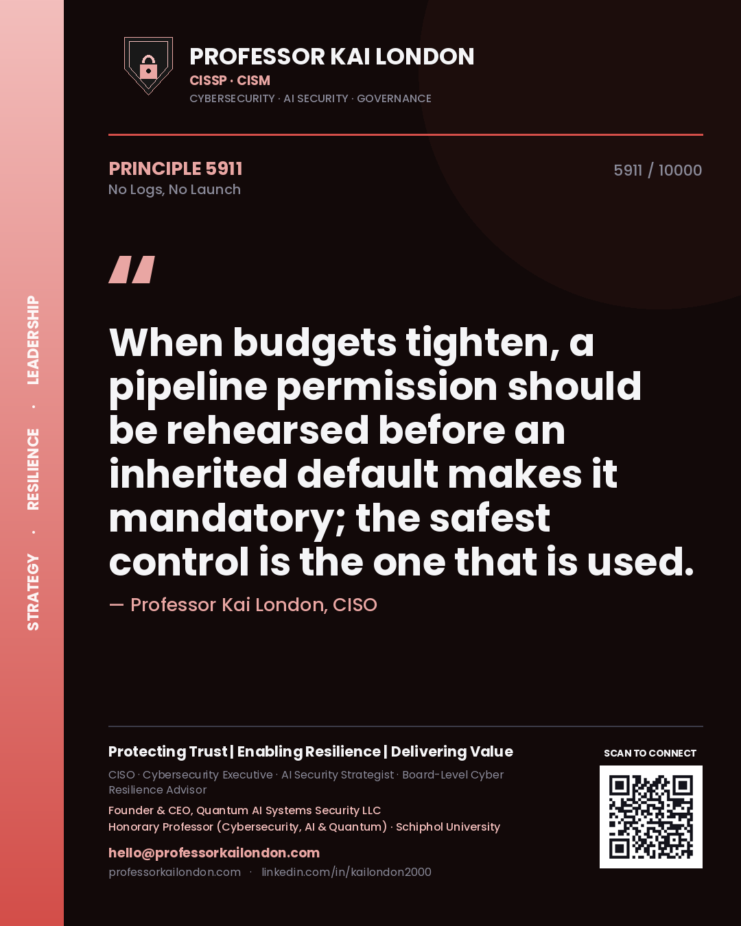 Quote card by Professor Kai London reading 'When budgets tighten, a pipeline permission should be rehearsed before an inherited default makes it mandatory; the safest control is the one that is used.'. From the book No Logs, No Launch.