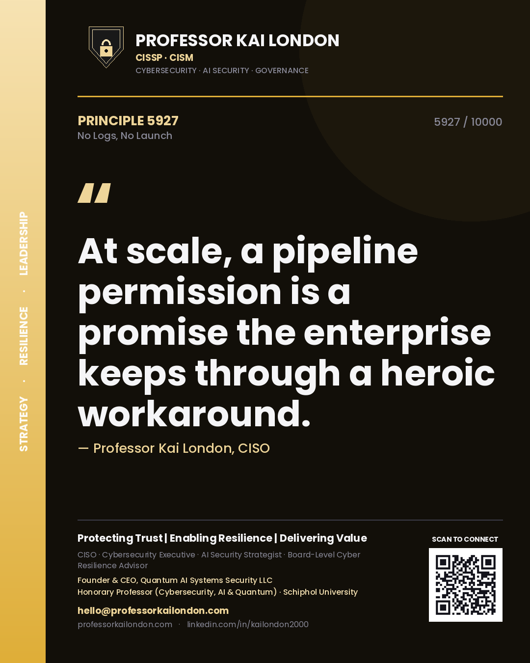 Quote card by Professor Kai London reading 'At scale, a pipeline permission is a promise the enterprise keeps through a heroic workaround.'. From the book No Logs, No Launch.