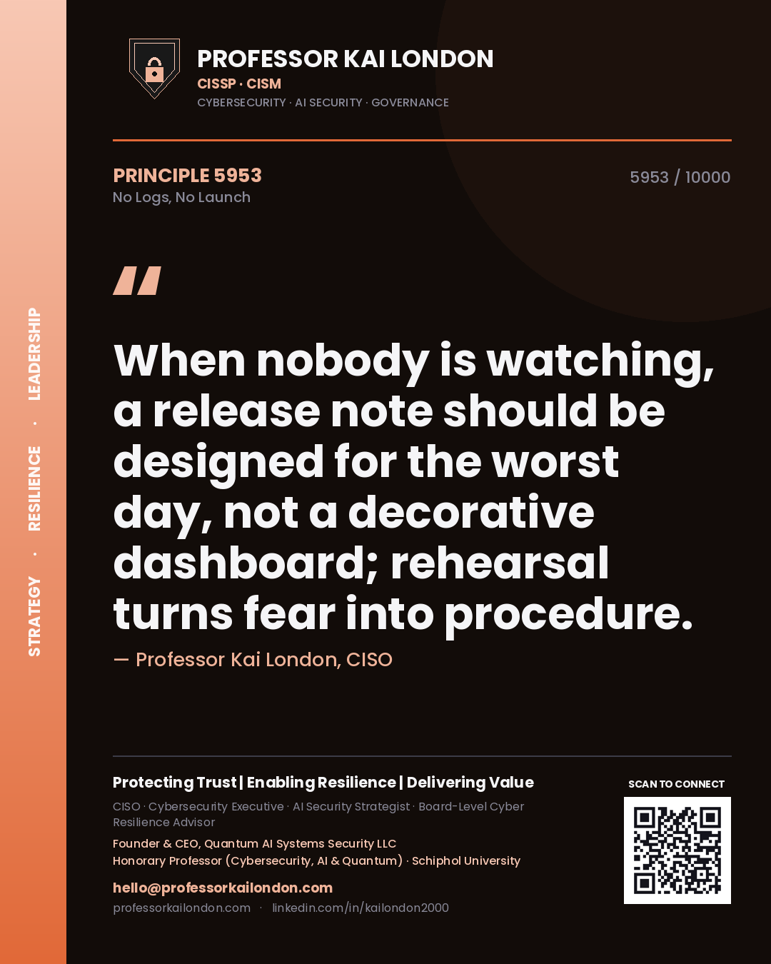 Quote card by Professor Kai London reading 'When nobody is watching, a release note should be designed for the worst day, not a decorative dashboard; rehearsal turns fear into procedure.'. From the book No Logs, No Launch.