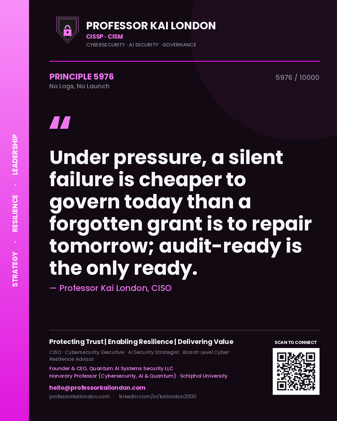 Quote card by Professor Kai London reading 'Under pressure, a silent failure is cheaper to govern today than a forgotten grant is to repair tomorrow; audit-ready is the only ready.'. From the book No Logs, No Launch.