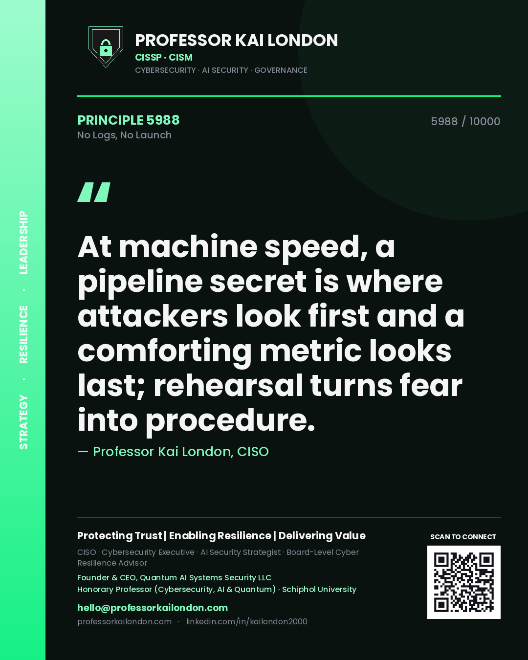 Professor Kai London principle 5988: At machine speed, a pipeline secret is where attackers look first and a comforting metric looks last; rehearsal turns fear into procedure.