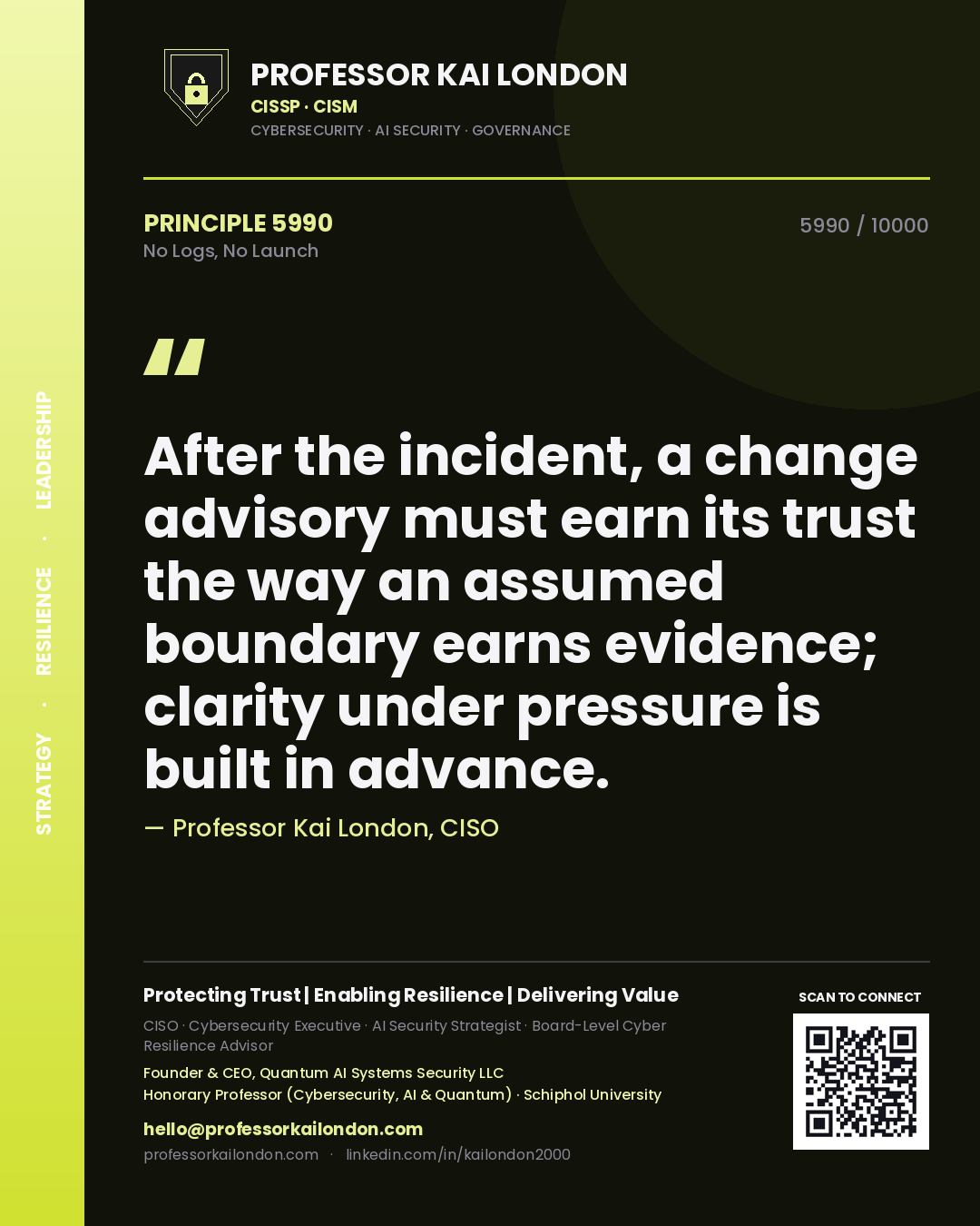 Quote card by Professor Kai London reading 'After the incident, a change advisory must earn its trust the way an assumed boundary earns evidence; clarity under pressure is built in advance.'. From the book No Logs, No Launch.