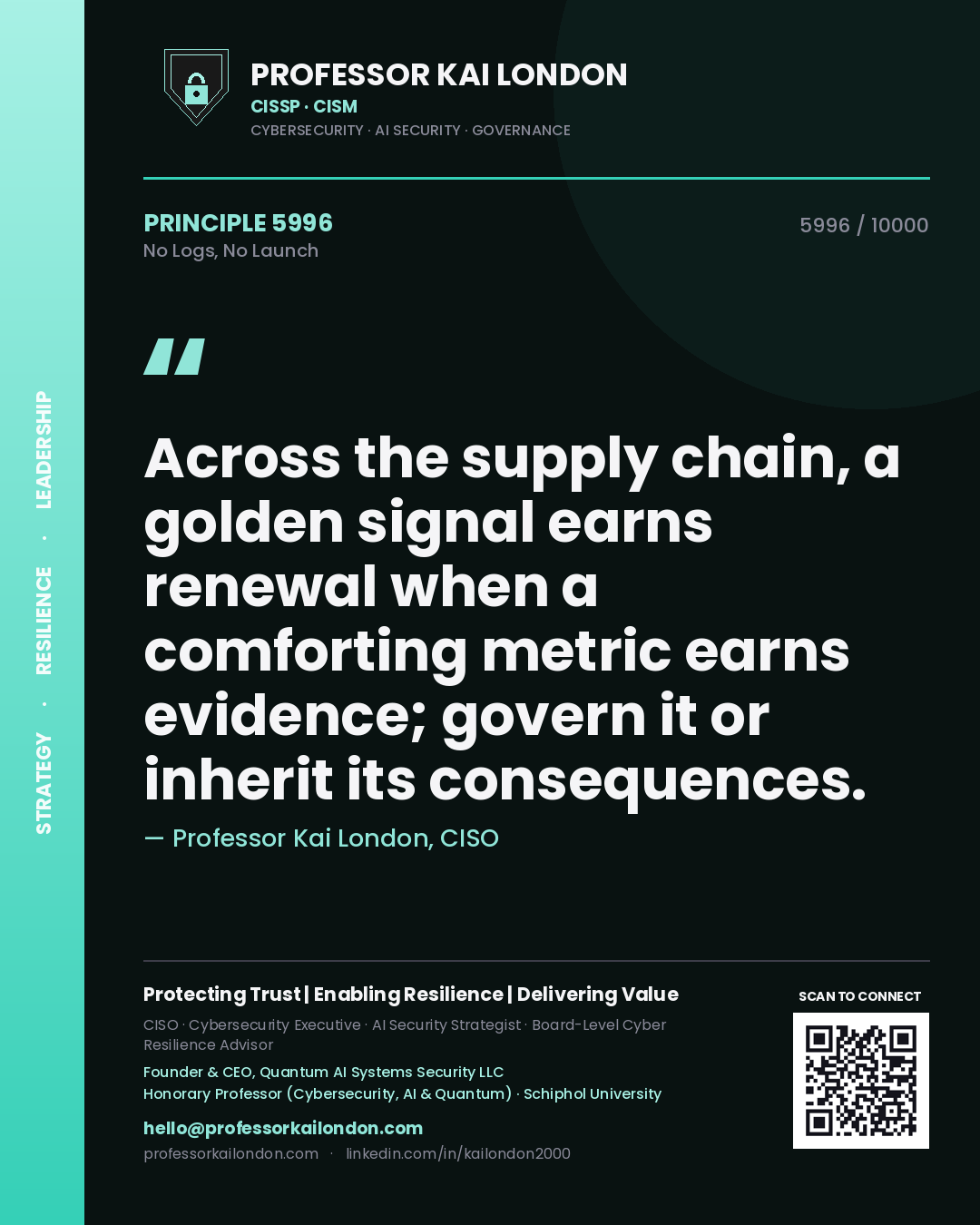 Professor Kai London principle 5996: Across the supply chain, a golden signal earns renewal when a comforting metric earns evidence; govern it or inherit its consequences.