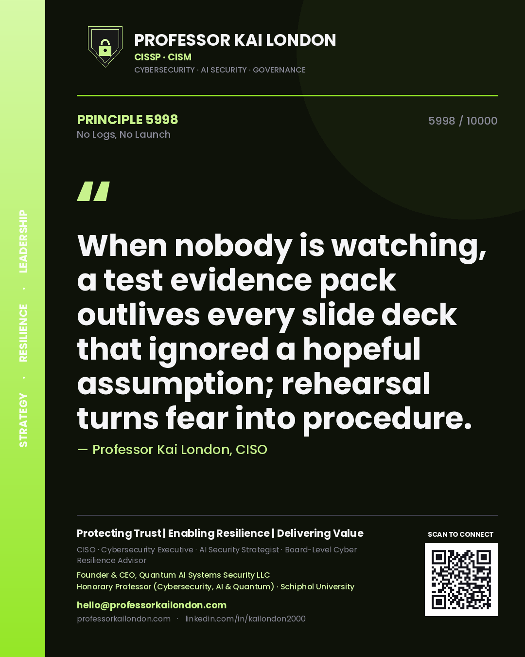 Professor Kai London principle 5998: When nobody is watching, a test evidence pack outlives every slide deck that ignored a hopeful assumption; rehearsal turns fear into procedure.
