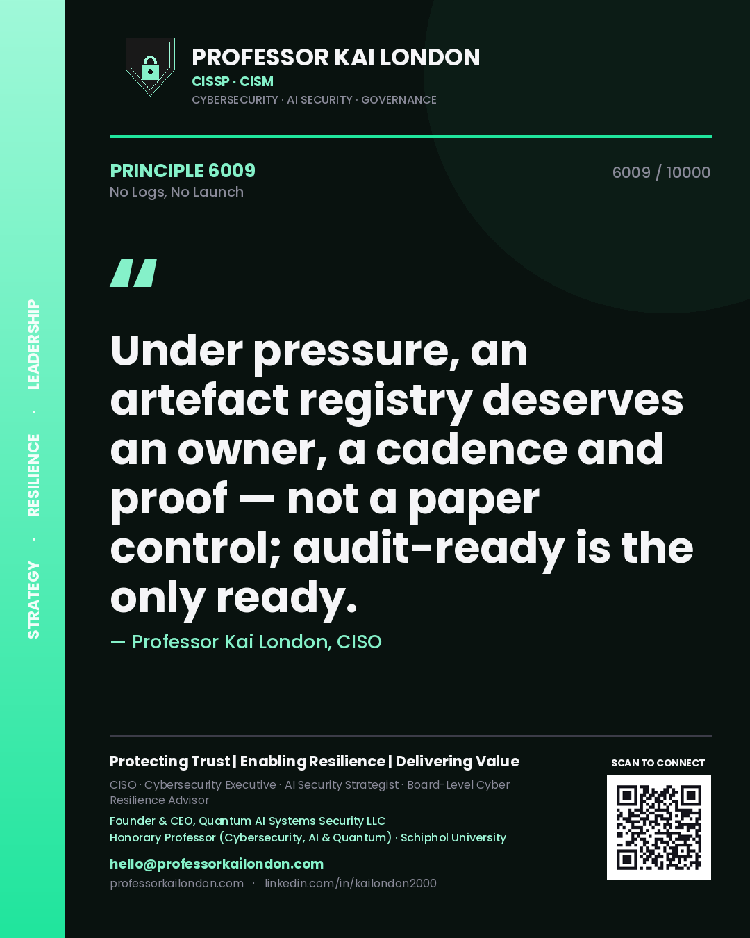 Professor Kai London principle 6009: Under pressure, an artefact registry deserves an owner, a cadence and proof — not a paper control; audit-ready is the only ready.