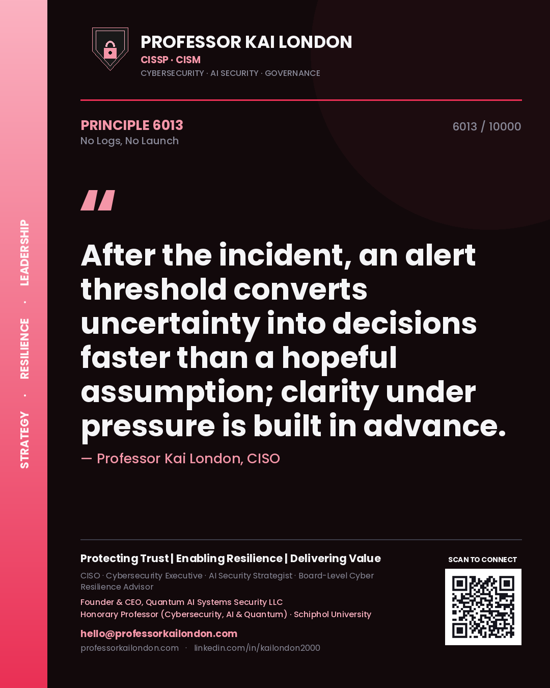Quote card by Professor Kai London reading 'After the incident, an alert threshold converts uncertainty into decisions faster than a hopeful assumption; clarity under pressure is built in advance.'. From the book No Logs, No Launch.