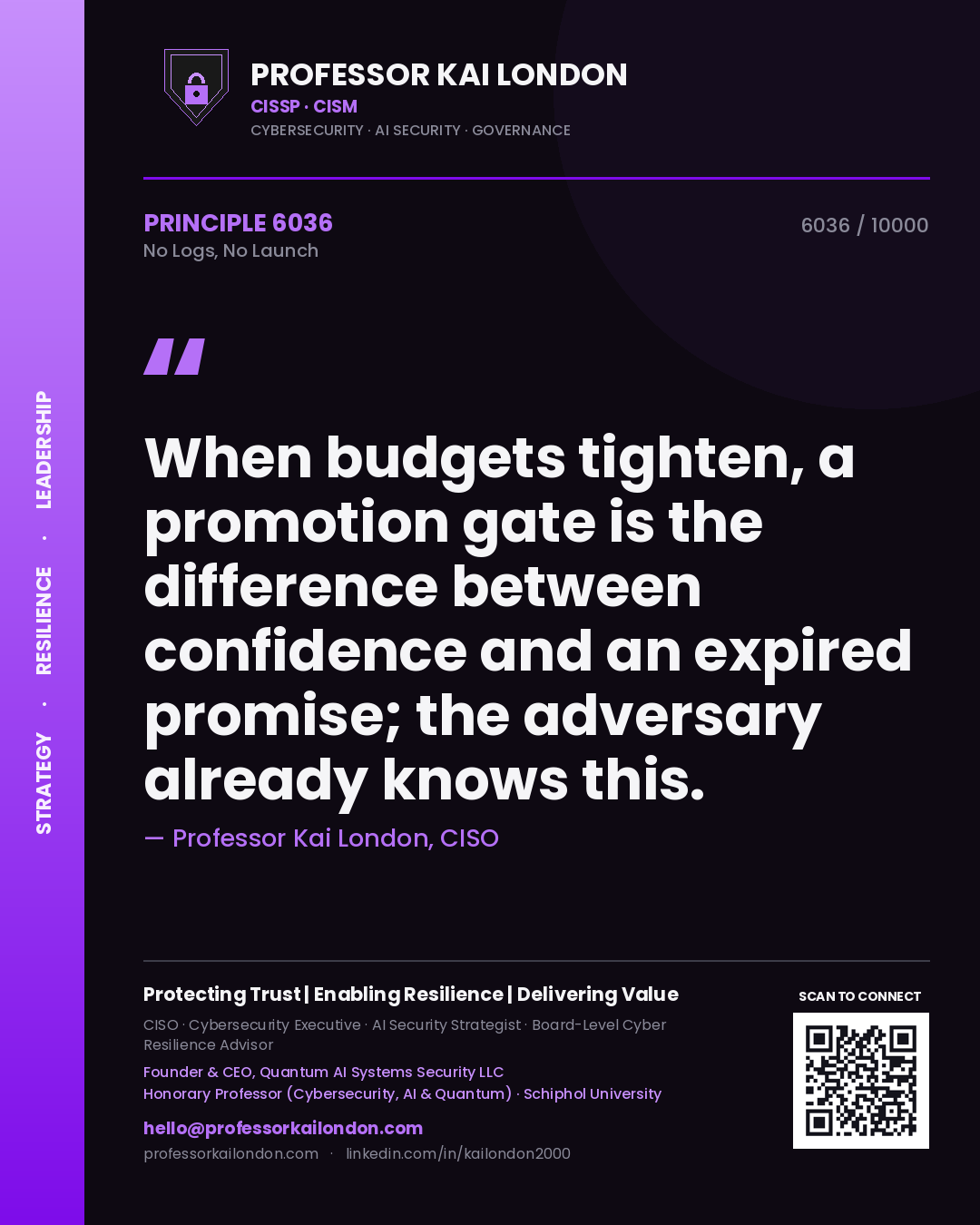 Quote card by Professor Kai London reading 'When budgets tighten, a promotion gate is the difference between confidence and an expired promise; the adversary already knows this.'. From the book No Logs, No Launch.