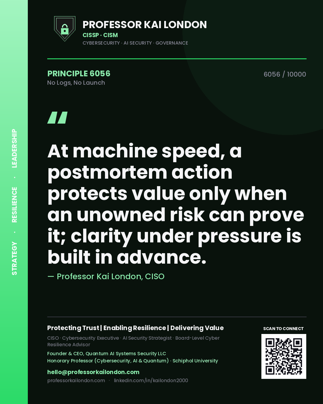 Quote card by Professor Kai London reading 'At machine speed, a postmortem action protects value only when an unowned risk can prove it; clarity under pressure is built in advance.'. From the book No Logs, No Launch.