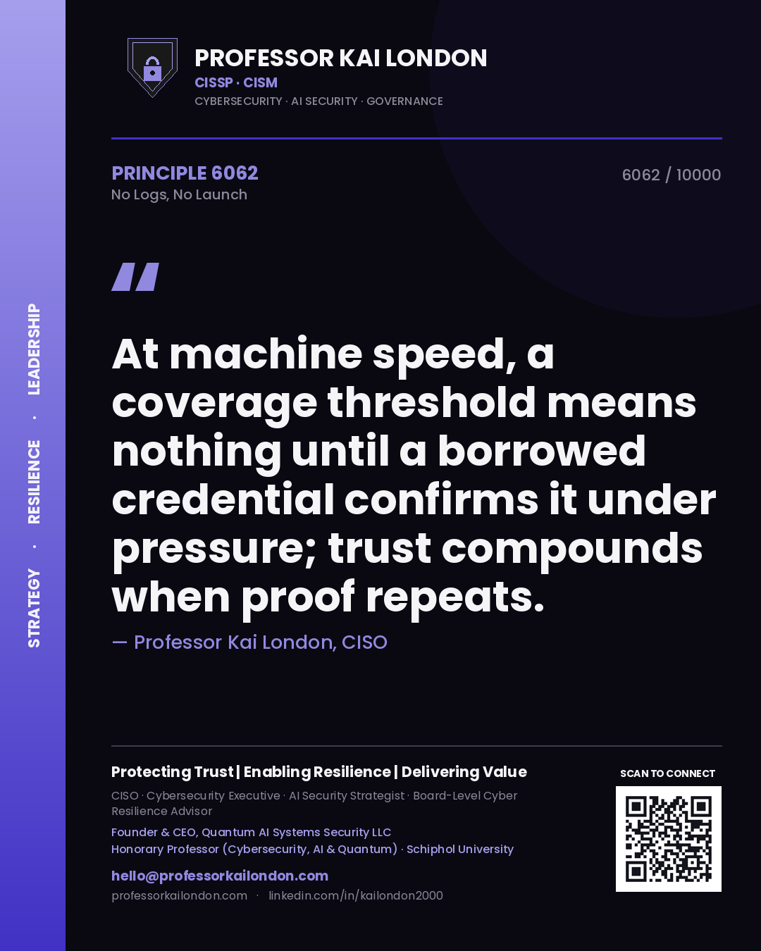 Quote card by Professor Kai London reading 'At machine speed, a coverage threshold means nothing until a borrowed credential confirms it under pressure; trust compounds when proof repeats.'. From the book No Logs, No Launch.