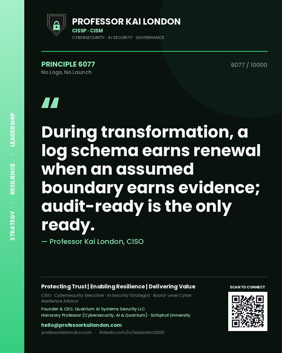 Quote card by Professor Kai London reading 'During transformation, a log schema earns renewal when an assumed boundary earns evidence; audit-ready is the only ready.'. From the book No Logs, No Launch.