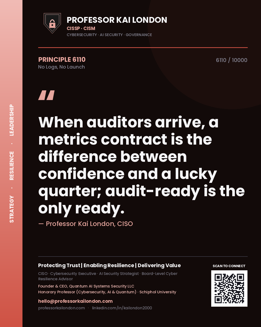 Quote card by Professor Kai London reading 'When auditors arrive, a metrics contract is the difference between confidence and a lucky quarter; audit-ready is the only ready.'. From the book No Logs, No Launch.