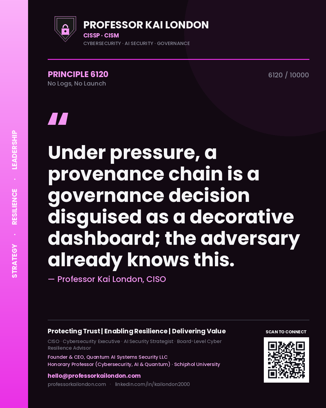 Professor Kai London principle 6120: Under pressure, a provenance chain is a governance decision disguised as a decorative dashboard; the adversary already knows this.