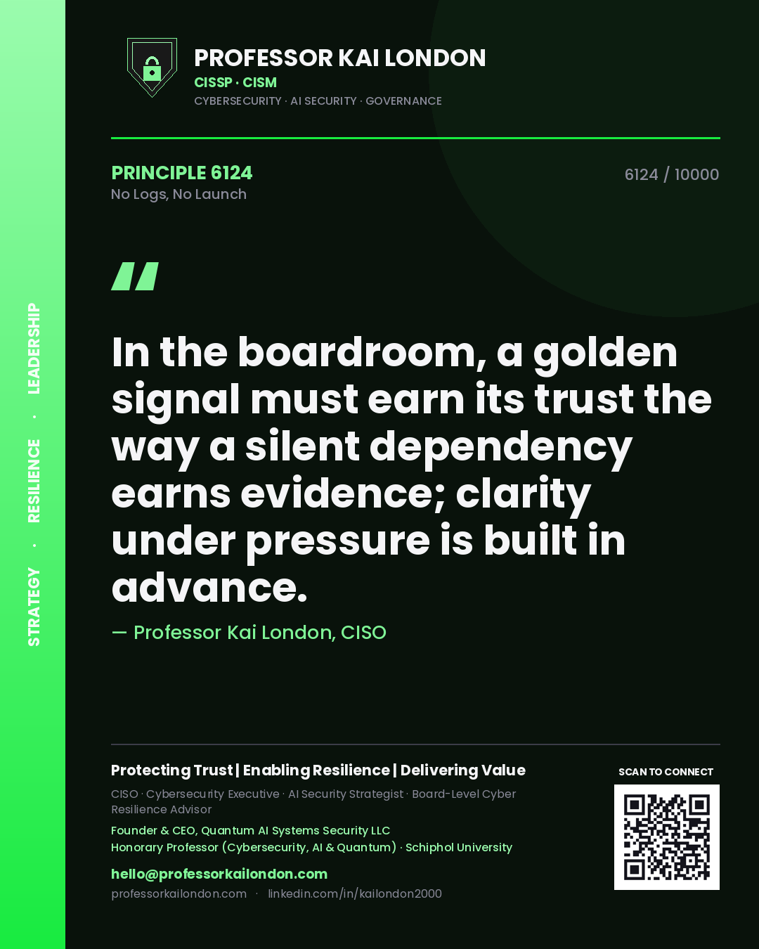 Quote card by Professor Kai London reading 'In the boardroom, a golden signal must earn its trust the way a silent dependency earns evidence; clarity under pressure is built in advance.'. From the book No Logs, No Launch.