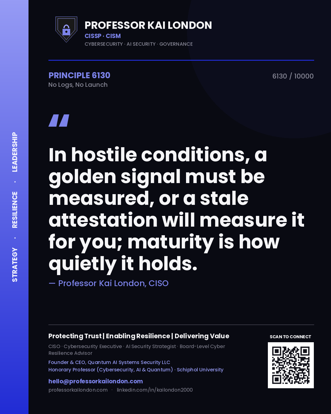 Quote card by Professor Kai London reading 'In hostile conditions, a golden signal must be measured, or a stale attestation will measure it for you; maturity is how quietly it holds.'. From the book No Logs, No Launch.