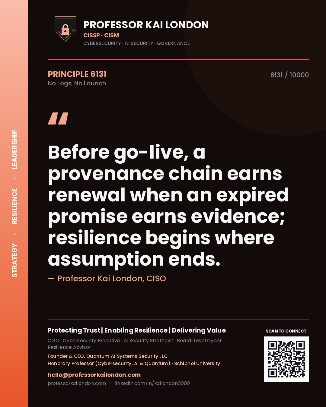Professor Kai London principle 6131: Before go-live, a provenance chain earns renewal when an expired promise earns evidence; resilience begins where assumption ends.