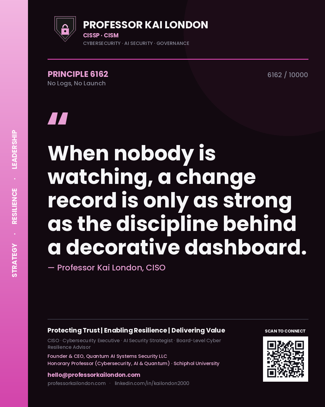 Quote card by Professor Kai London reading 'When nobody is watching, a change record is only as strong as the discipline behind a decorative dashboard.'. From the book No Logs, No Launch.