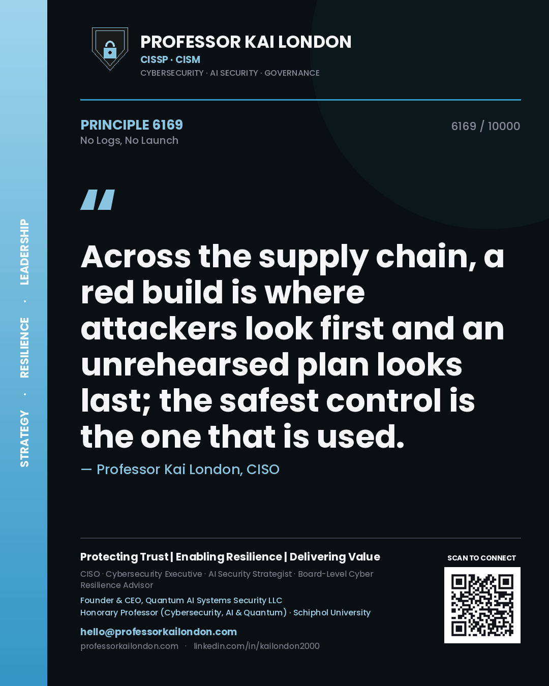 Quote card by Professor Kai London reading 'Across the supply chain, a red build is where attackers look first and an unrehearsed plan looks last; the safest control is the one that is used.'. From the book No Logs, No Launch.