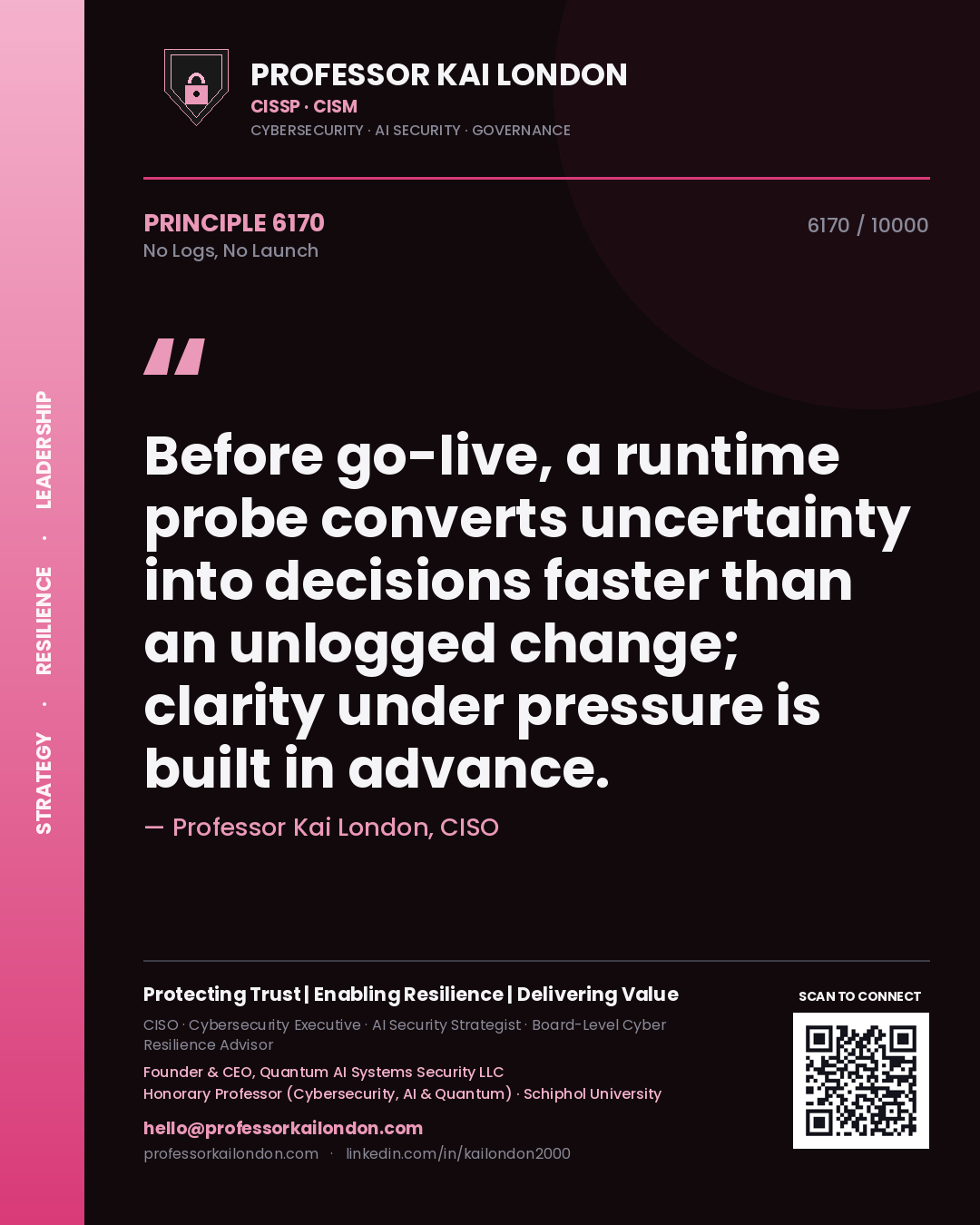 Professor Kai London principle 6170: Before go-live, a runtime probe converts uncertainty into decisions faster than an unlogged change; clarity under pressure is built in advance.