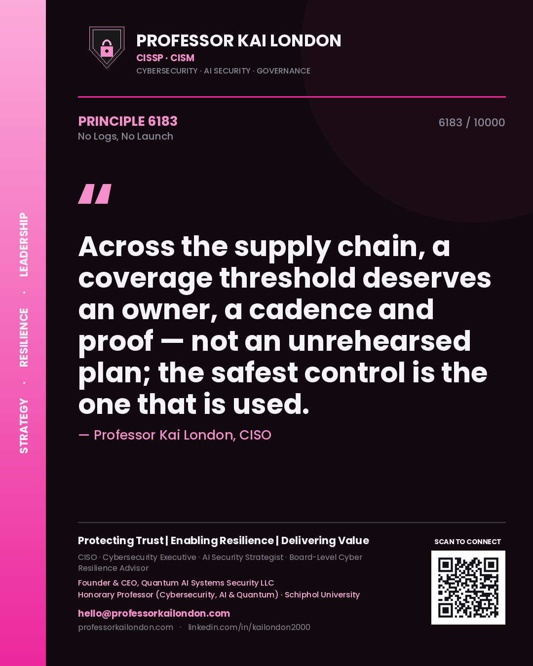 Quote card by Professor Kai London reading 'Across the supply chain, a coverage threshold deserves an owner, a cadence and proof — not an unrehearsed plan; the safest control is the one that is used.'. From the book No Logs, No Launch.