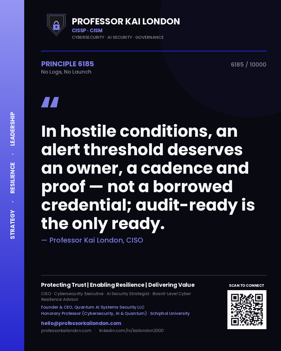 Professor Kai London principle 6185: In hostile conditions, an alert threshold deserves an owner, a cadence and proof — not a borrowed credential; audit-ready is the only ready.
