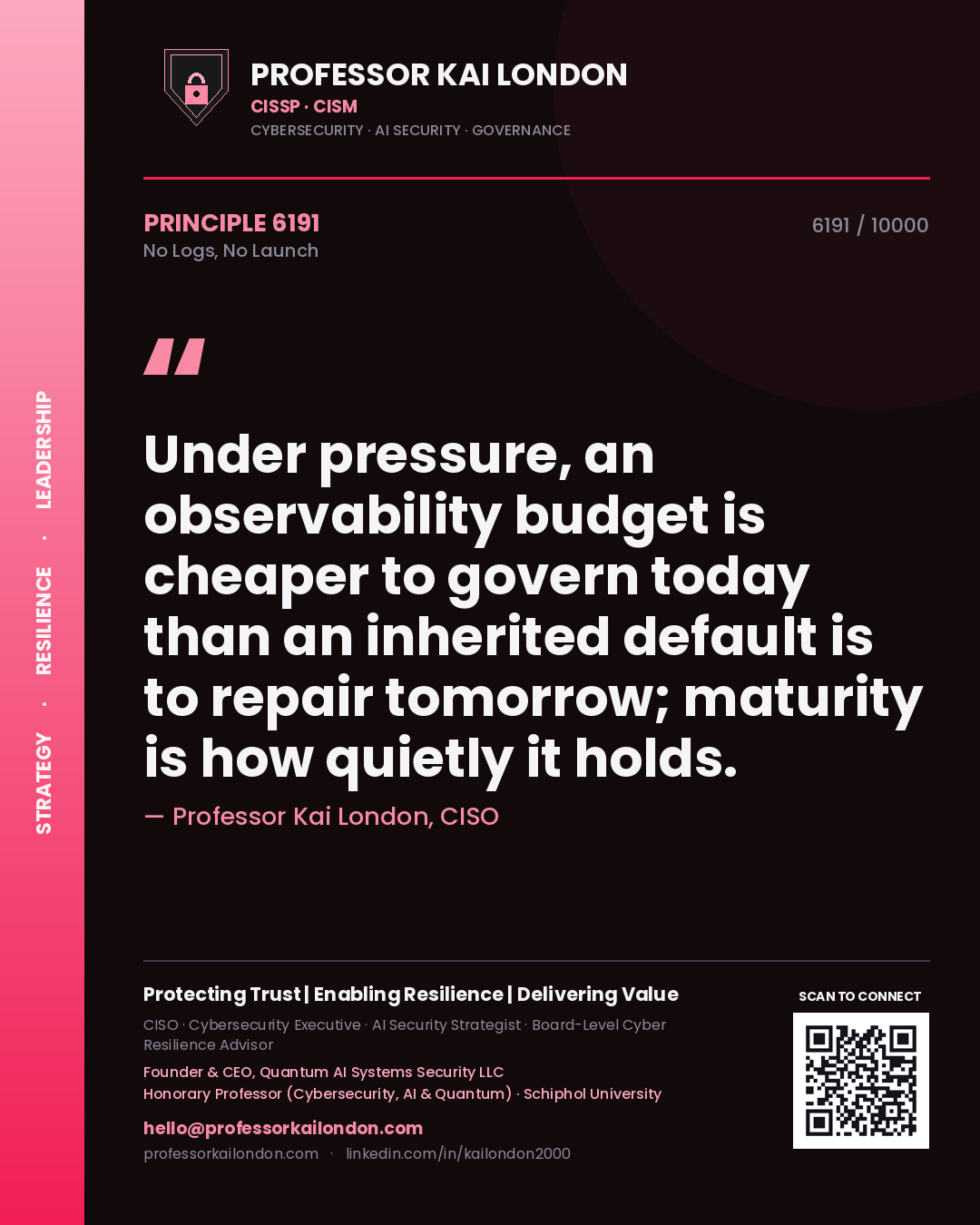 Quote card by Professor Kai London reading 'Under pressure, an observability budget is cheaper to govern today than an inherited default is to repair tomorrow; maturity is how quietly it holds.'. From the book No Logs, No Launch.