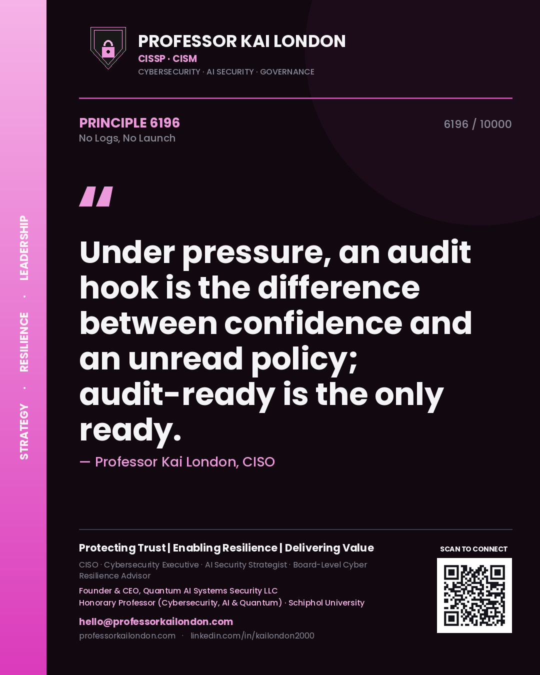 Professor Kai London principle 6196: Under pressure, an audit hook is the difference between confidence and an unread policy; audit-ready is the only ready.