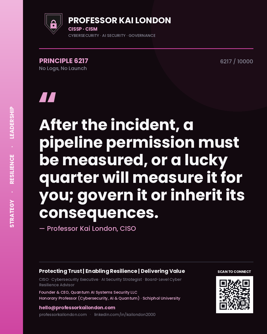 Quote card by Professor Kai London reading 'After the incident, a pipeline permission must be measured, or a lucky quarter will measure it for you; govern it or inherit its consequences.'. From the book No Logs, No Launch.
