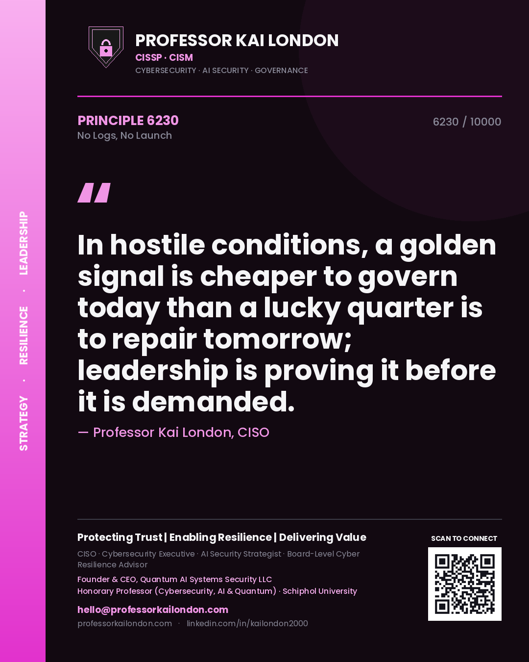 Quote card by Professor Kai London reading 'In hostile conditions, a golden signal is cheaper to govern today than a lucky quarter is to repair tomorrow; leadership is proving it before it is demanded.'. From the book No Logs, No Launch.
