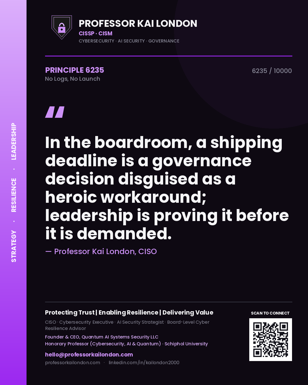 Quote card by Professor Kai London reading 'In the boardroom, a shipping deadline is a governance decision disguised as a heroic workaround; leadership is proving it before it is demanded.'. From the book No Logs, No Launch.