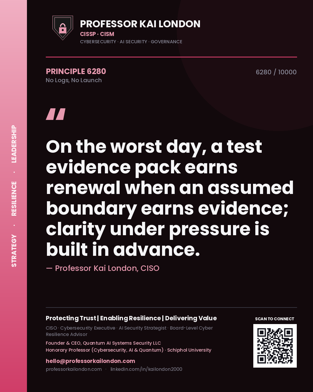 Quote card by Professor Kai London reading 'On the worst day, a test evidence pack earns renewal when an assumed boundary earns evidence; clarity under pressure is built in advance.'. From the book No Logs, No Launch.
