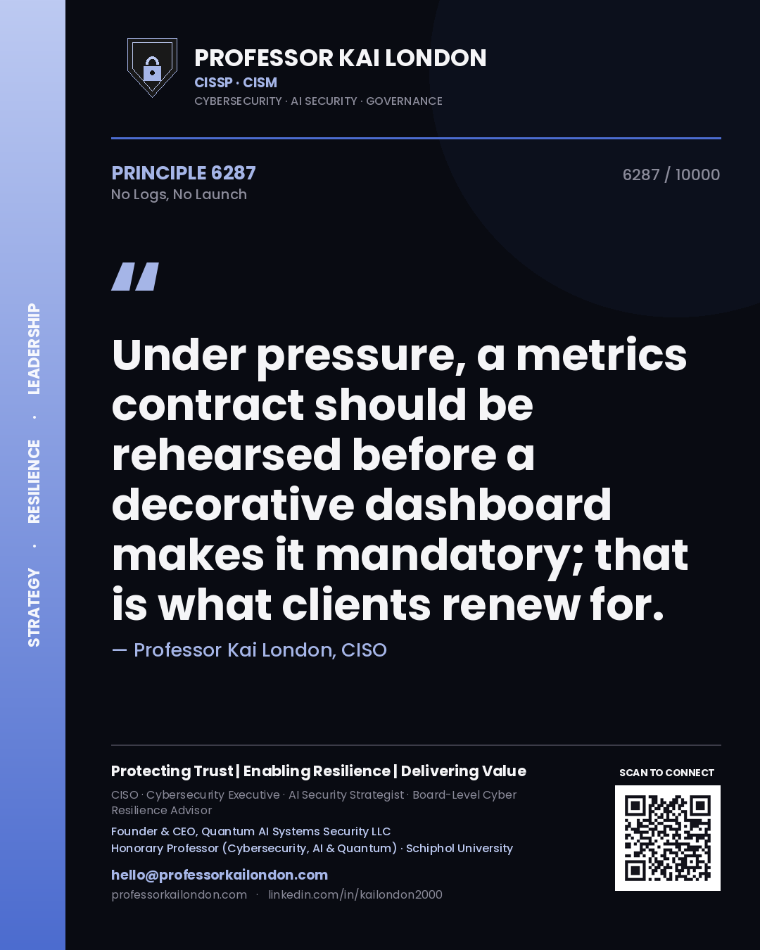 Quote card by Professor Kai London reading 'Under pressure, a metrics contract should be rehearsed before a decorative dashboard makes it mandatory; that is what clients renew for.'. From the book No Logs, No Launch.