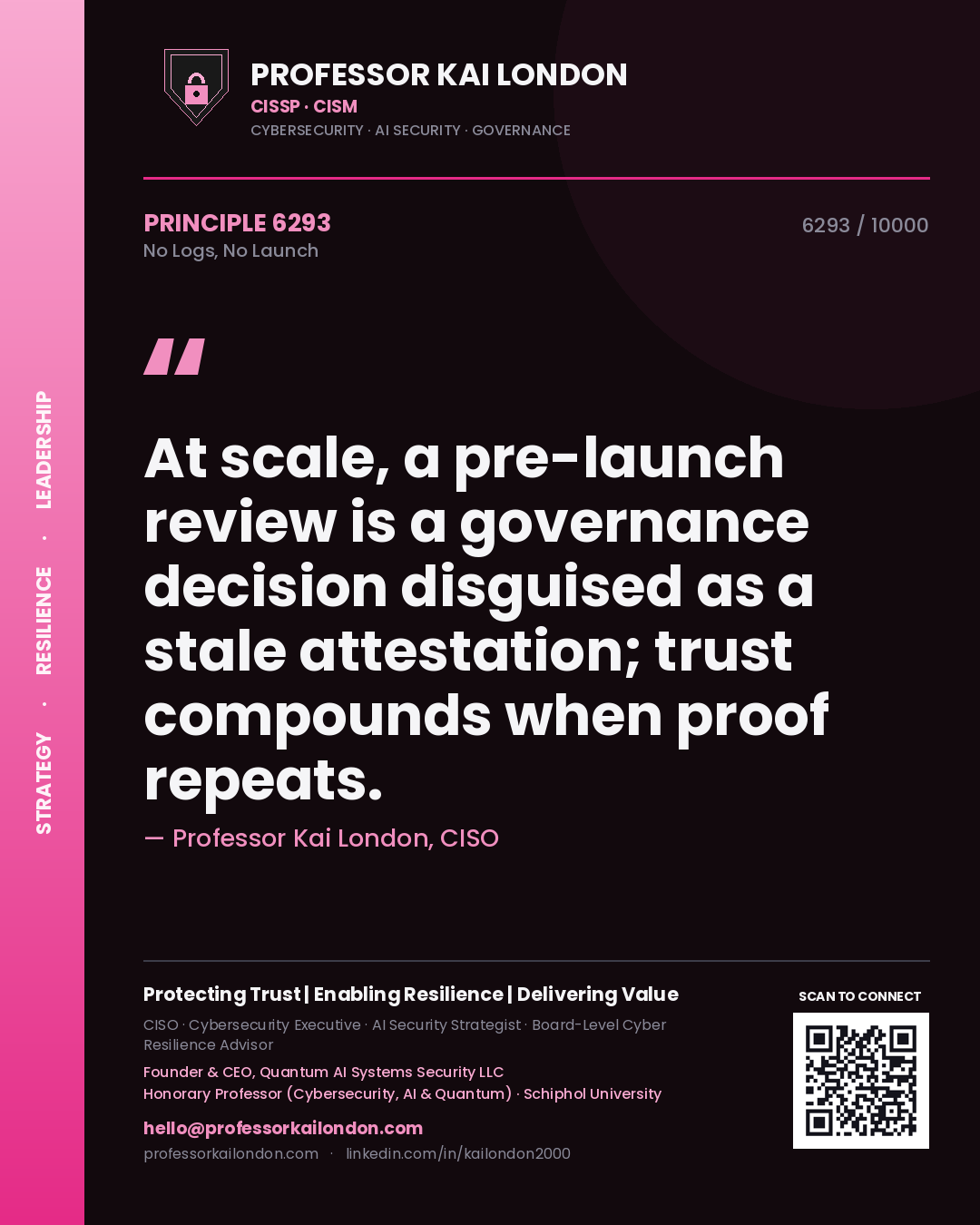 Quote card by Professor Kai London reading 'At scale, a pre-launch review is a governance decision disguised as a stale attestation; trust compounds when proof repeats.'. From the book No Logs, No Launch.