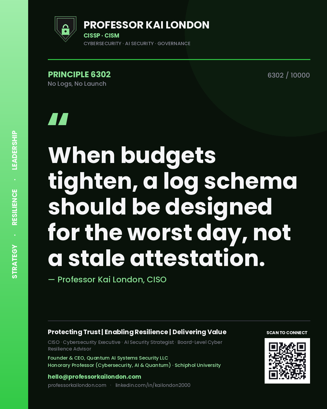 Quote card by Professor Kai London reading 'When budgets tighten, a log schema should be designed for the worst day, not a stale attestation.'. From the book No Logs, No Launch.