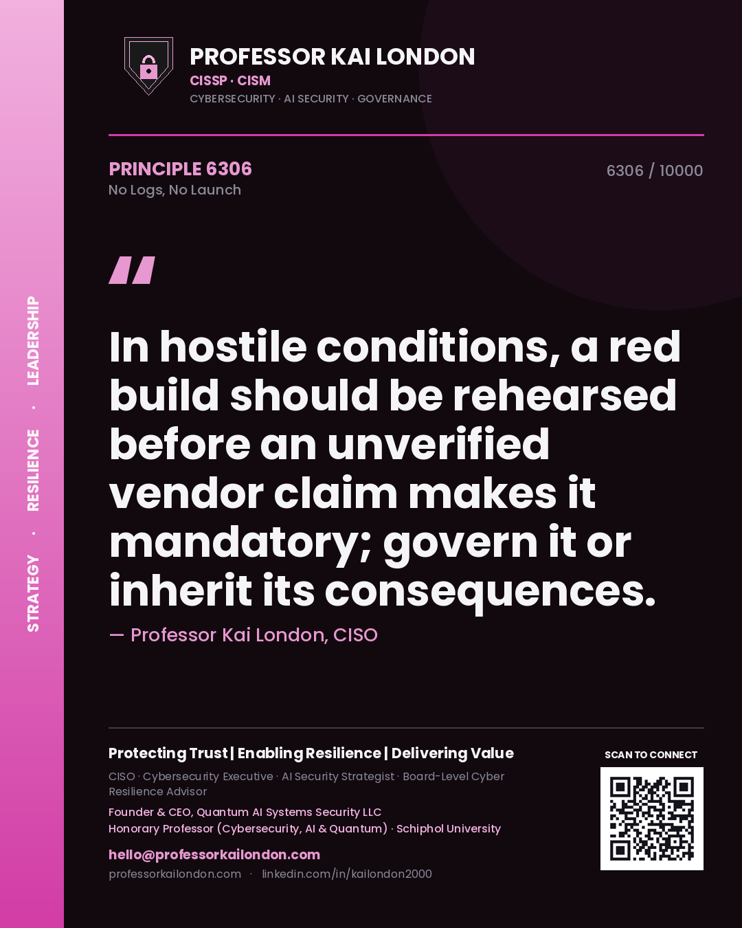 Professor Kai London principle 6306: In hostile conditions, a red build should be rehearsed before an unverified vendor claim makes it mandatory; govern it or inherit its consequences.
