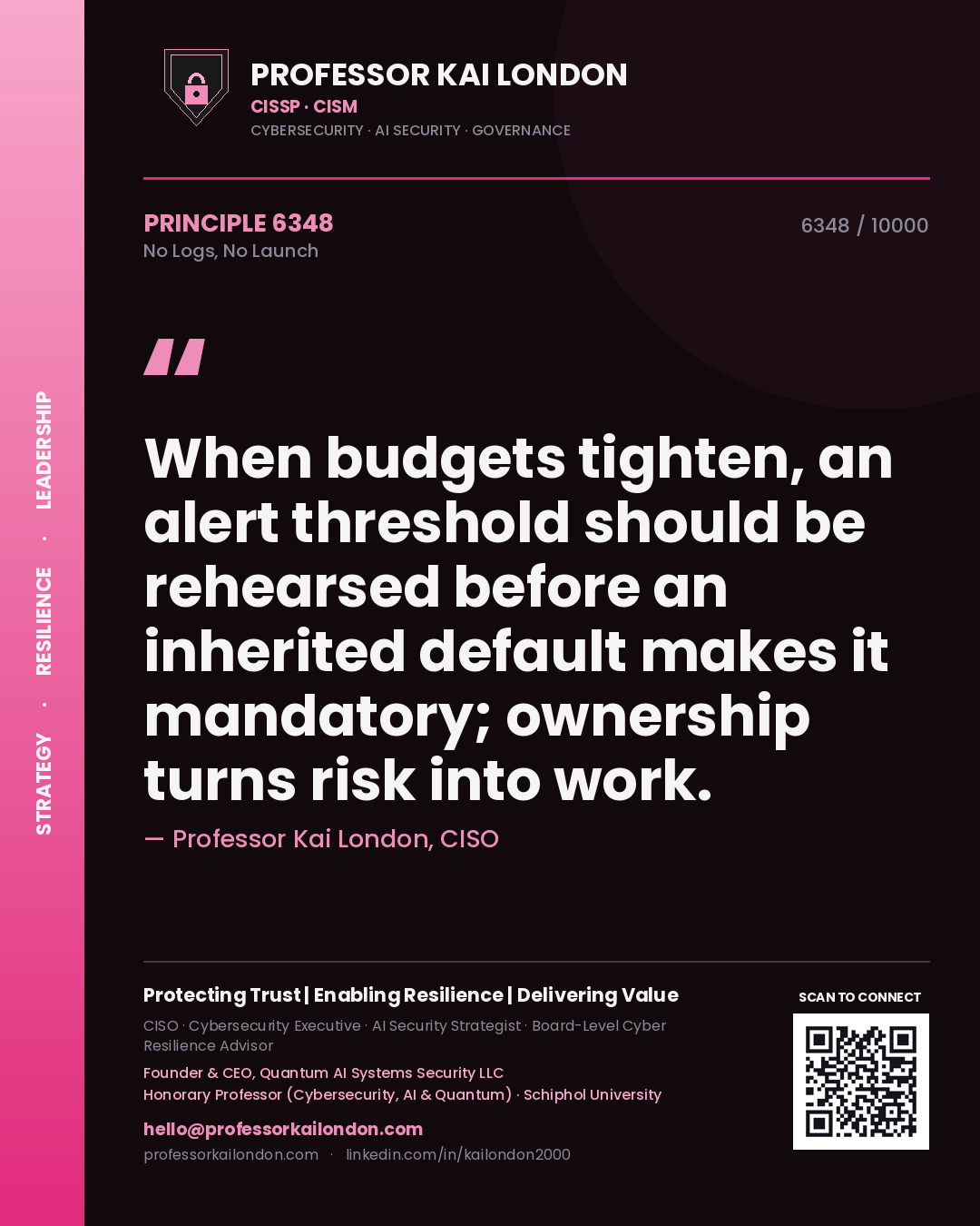 Professor Kai London principle 6348: When budgets tighten, an alert threshold should be rehearsed before an inherited default makes it mandatory; ownership turns risk into work.