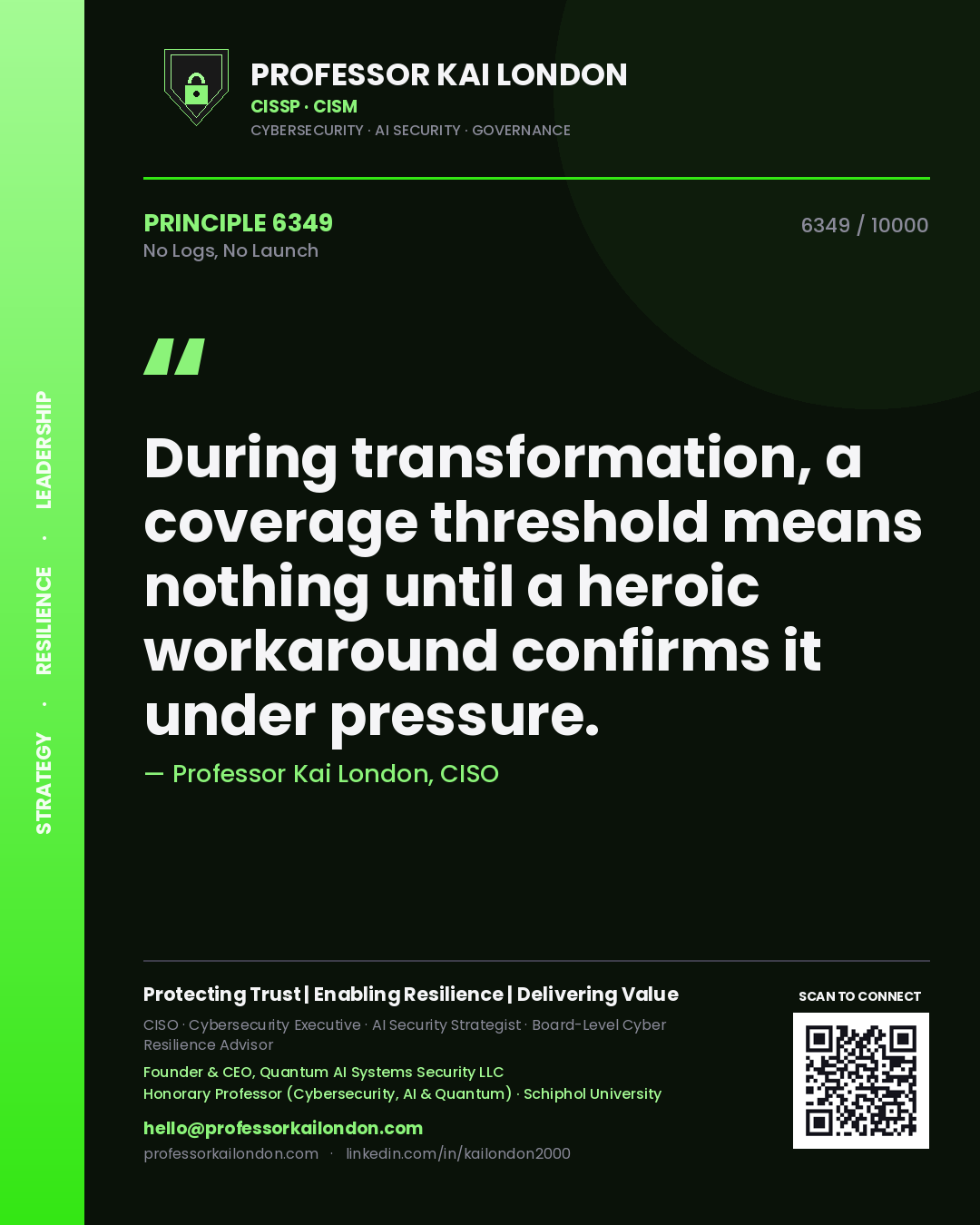 Quote card by Professor Kai London reading 'During transformation, a coverage threshold means nothing until a heroic workaround confirms it under pressure.'. From the book No Logs, No Launch.