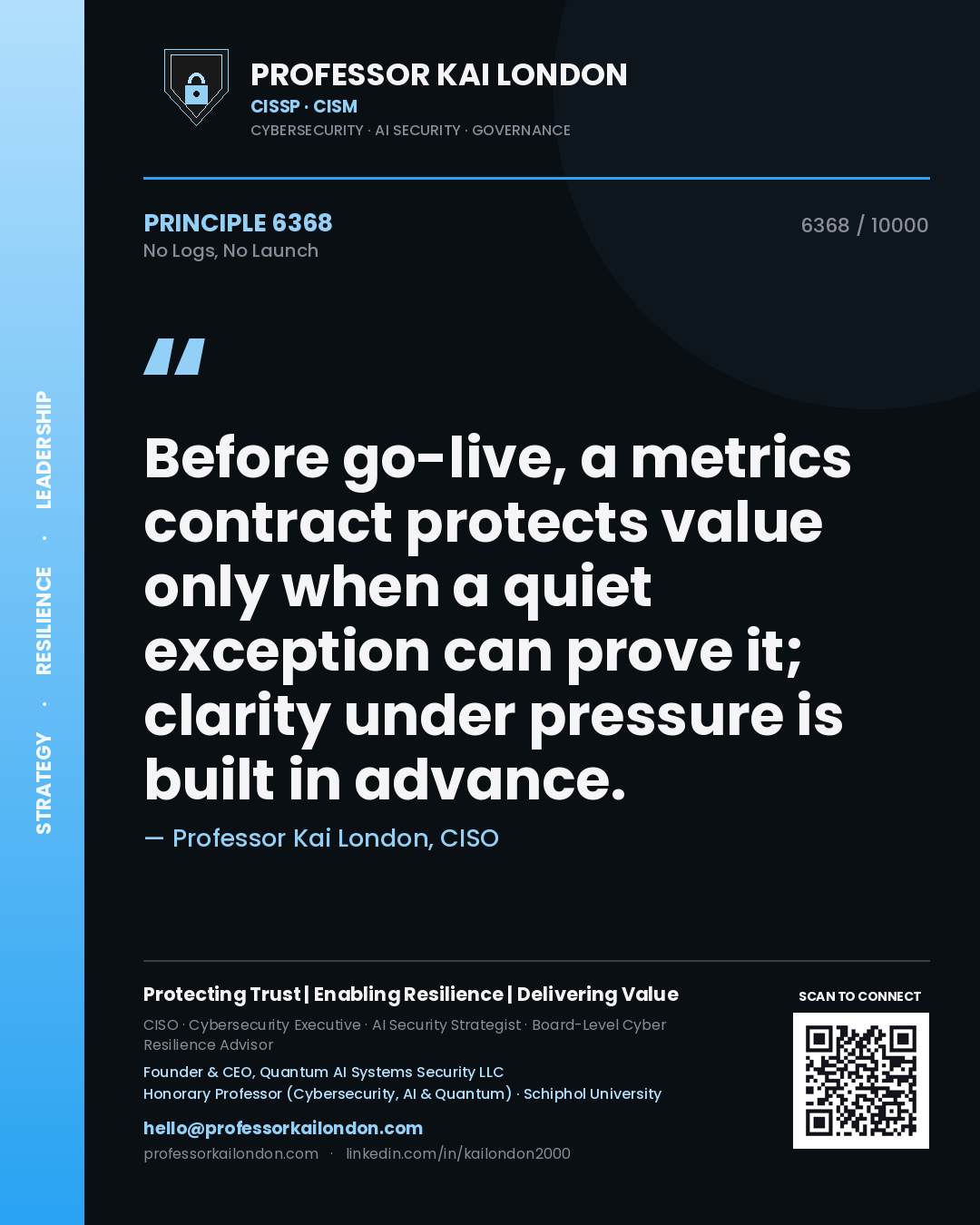 Quote card by Professor Kai London reading 'Before go-live, a metrics contract protects value only when a quiet exception can prove it; clarity under pressure is built in advance.'. From the book No Logs, No Launch.