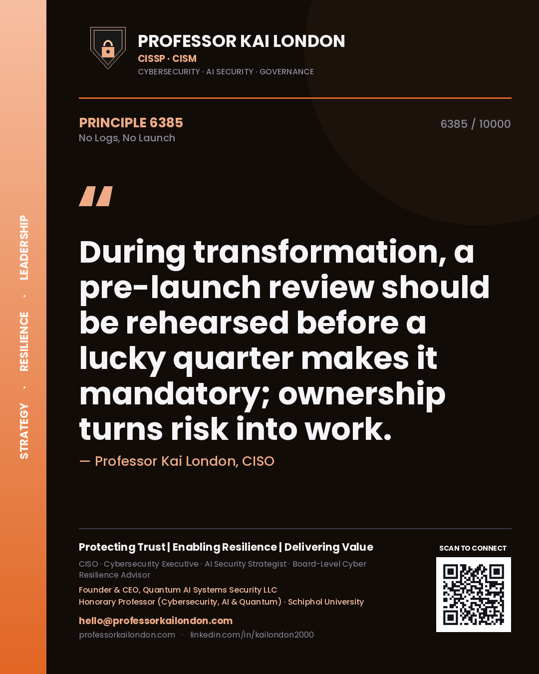 Quote card by Professor Kai London reading 'During transformation, a pre-launch review should be rehearsed before a lucky quarter makes it mandatory; ownership turns risk into work.'. From the book No Logs, No Launch.