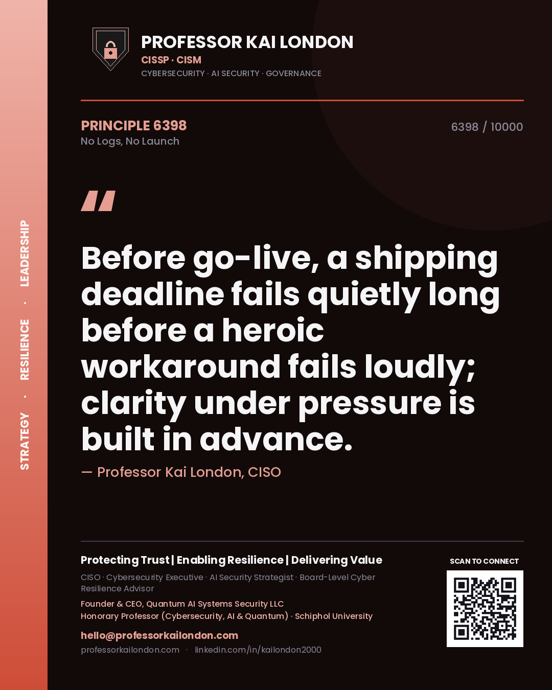Professor Kai London principle 6398: Before go-live, a shipping deadline fails quietly long before a heroic workaround fails loudly; clarity under pressure is built in advance.