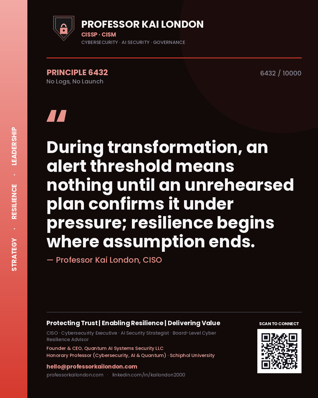 Quote card by Professor Kai London reading 'During transformation, an alert threshold means nothing until an unrehearsed plan confirms it under pressure; resilience begins where assumption ends.'. From the book No Logs, No Launch.
